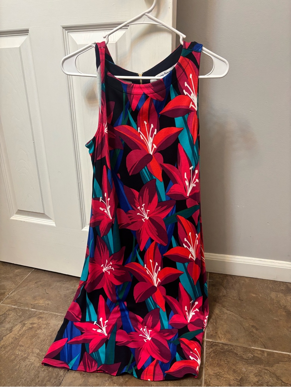 Tommy Bahama Red Floral Print Tank Dress with Navy Trim